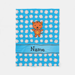Personalized name tiger blue baseballs fleece blanket
