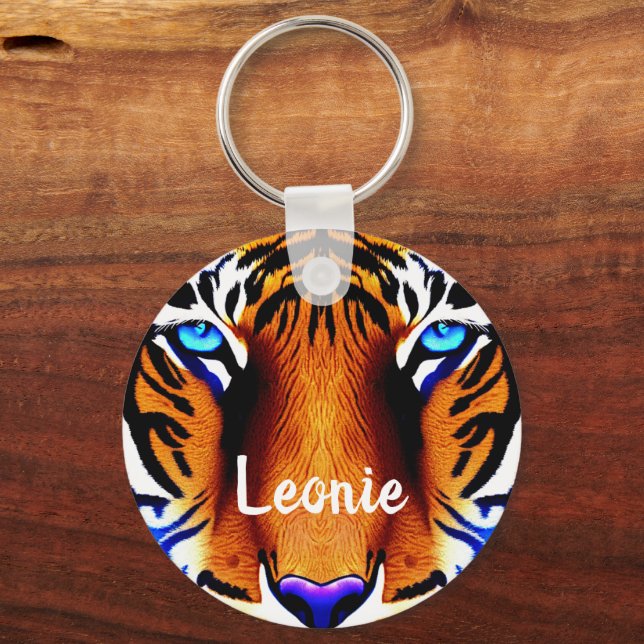 Personalized Name Tiger Cat Face Head Cute Animal Keychain (Front)