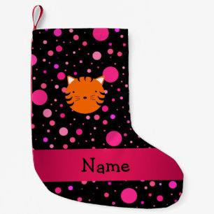Personalized name tiger face black pink polka dots small christmas stocking