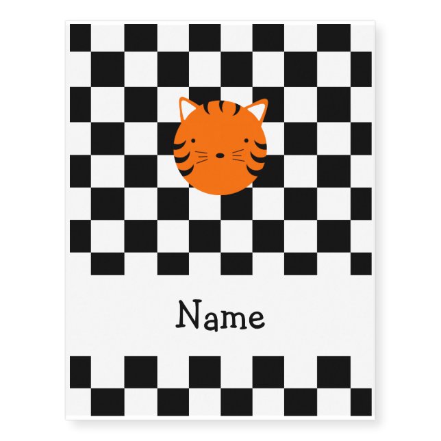 Personalized name tiger face black white checkers temporary tattoos (Front)