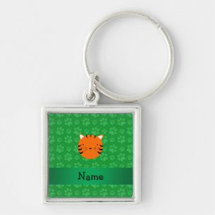 Personalized name tiger face green paw pattern keychain