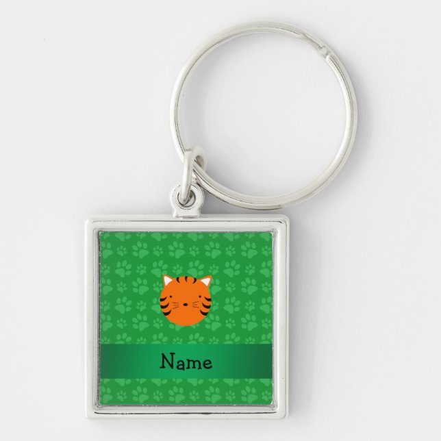 Personalized name tiger face green paw pattern keychain (Front)