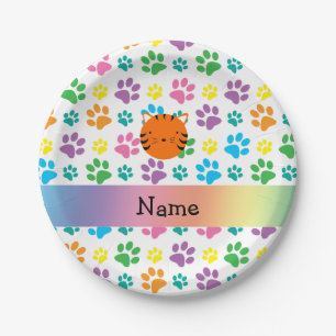 Personalized name tiger face rainbow paws paper plates