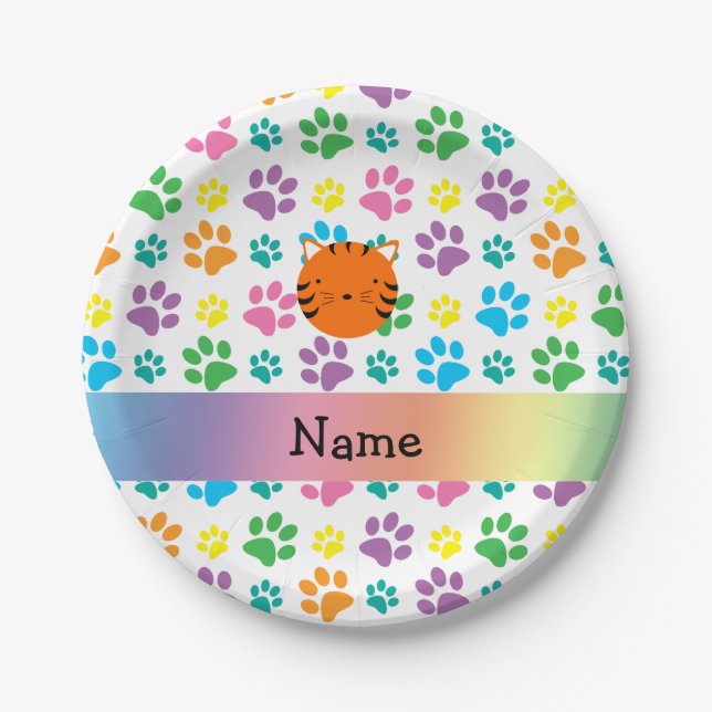 Personalized name tiger face rainbow paws paper plates (Front)