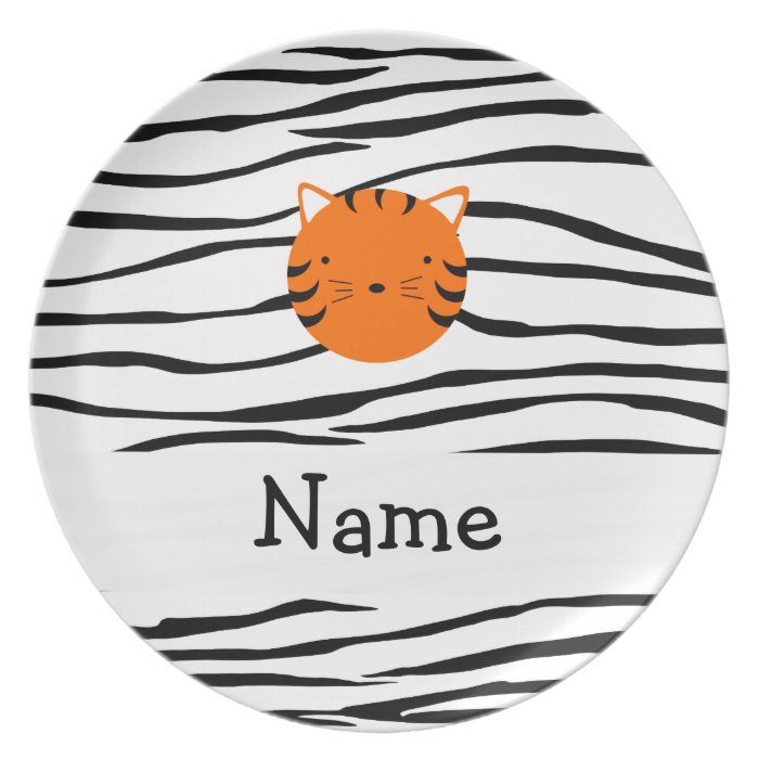 Personalized name tiger face zebra stripes dinner plate