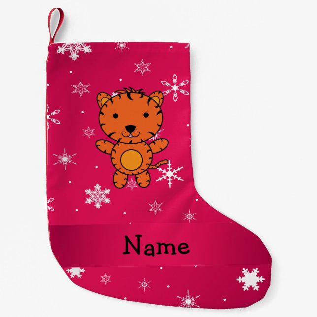 Personalized name tiger pink snowflakes small christmas stocking (Front)