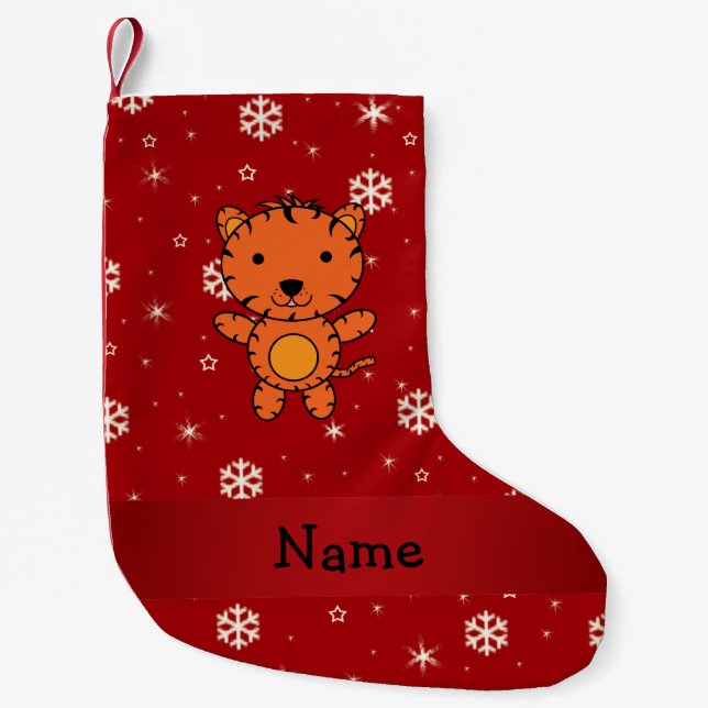 Personalized name tiger red snowflakes small christmas stocking (Front)