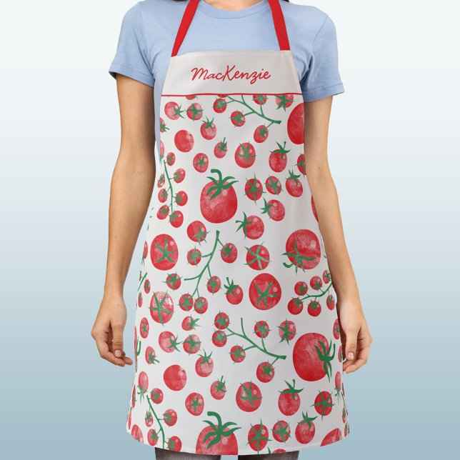Personalized Name Tomato Pattern Apron (Fun Mediterranean summer watercolor tomato pattern apron)