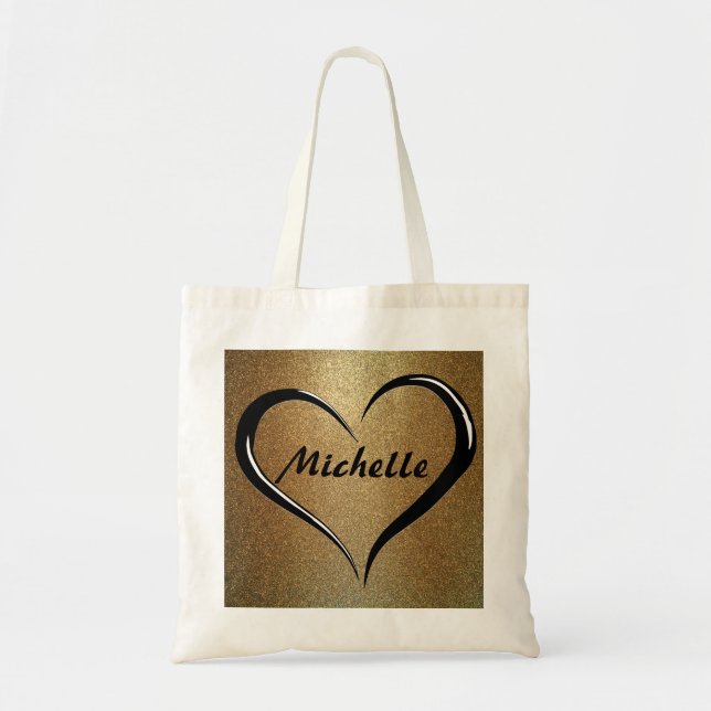 Personalized Name Tote Bag on Gold & Black Heart (Front)