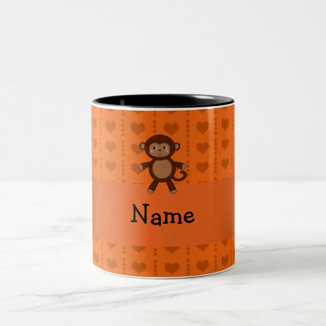 Personalized name toy monkey orange hearts Two-Tone coffee mug (Center)