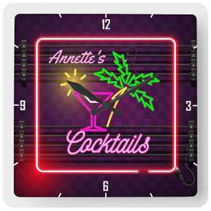 Personalized NAME Tropical Neon Style Cocktail Bar Square Wall Clock