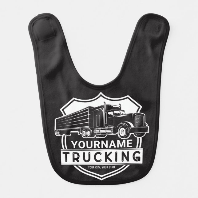 Personalized NAME Trucking Big Rig Semi Trucker   Baby Bib (Front)