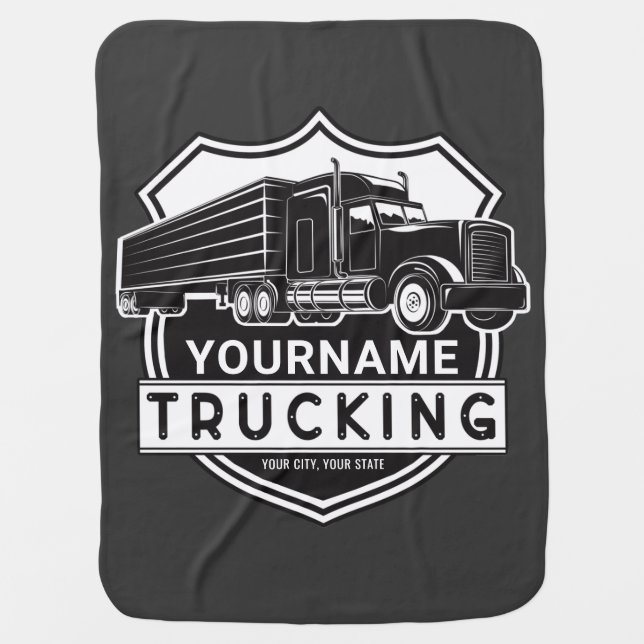 Personalized NAME Trucking Big Rig Semi Trucker Baby Blanket (Front)