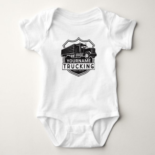 Personalized NAME Trucking Big Rig Semi Trucker   Baby Bodysuit (Front)