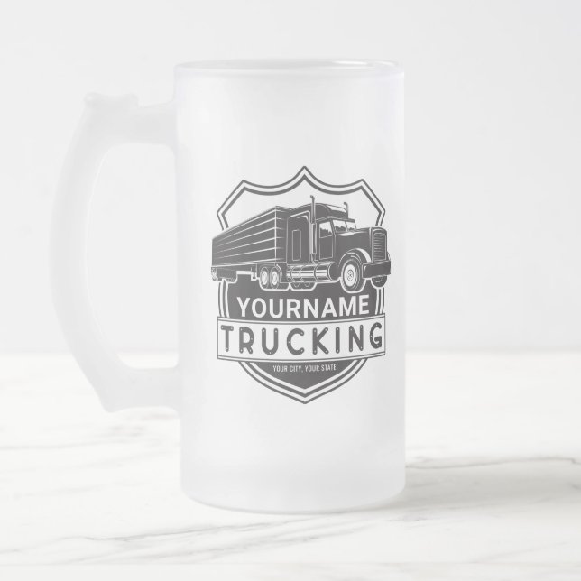 Personalized NAME Trucking Big Rig Semi Trucker  Frosted Glass Beer Mug (Left)