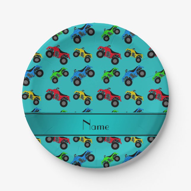 Personalized name turquoise atv pattern paper plates (Front)
