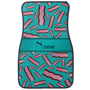Personalized name turquoise bacon pattern car mat