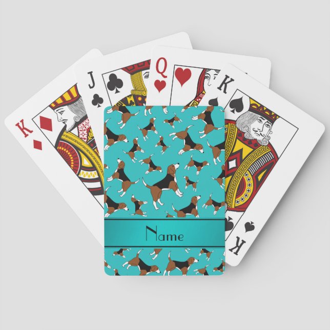 Personalized name turquoise beagle dog pattern poker cards (Back)