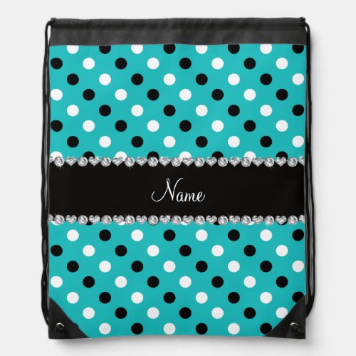 Personalized name turquoise black white polka dots drawstring bag