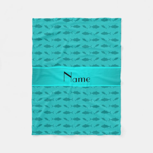 Personalized name turquoise bluefin tuna pattern fleece blanket (Front)