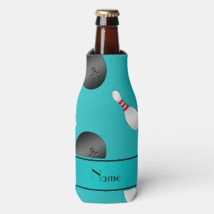Personalized name turquoise bowling balls pins bottle cooler
