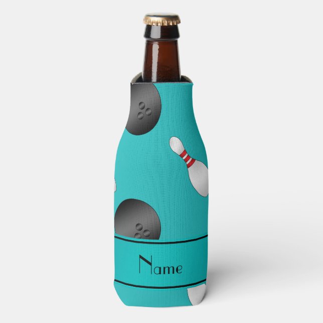 Personalized name turquoise bowling balls pins bottle cooler (Bottle Front)