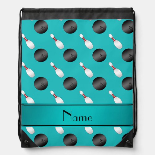 Personalized name turquoise bowling balls pins drawstring bag