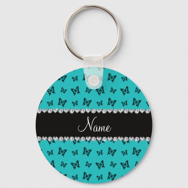 Personalized name turquoise butterfly pattern keychain (Front)