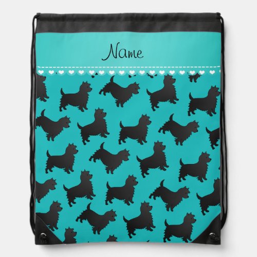 Personalized name turquoise cairn terrier dogs drawstring bag
