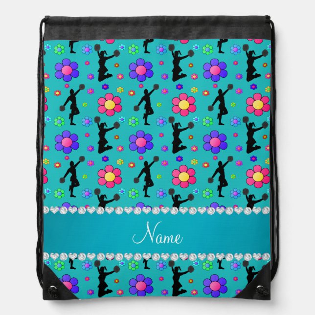 Personalized name turquoise cheerleading flowers drawstring bag (Front)