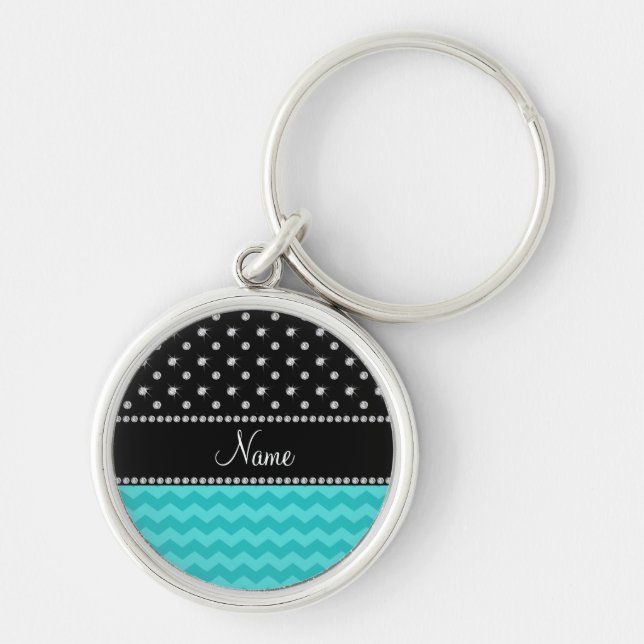 Personalized name turquoise chevrons black diamond keychain (Front)