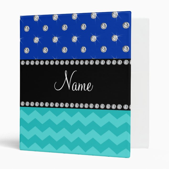 Personalized name turquoise chevrons blue diamonds 3 ring binder (Front/Inside)