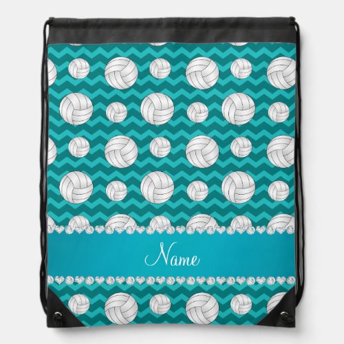 Personalized name turquoise chevrons volleyballs drawstring bag