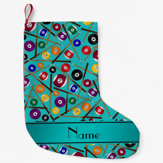 Personalized name turquoise colorful pool pattern small christmas stocking (Front)