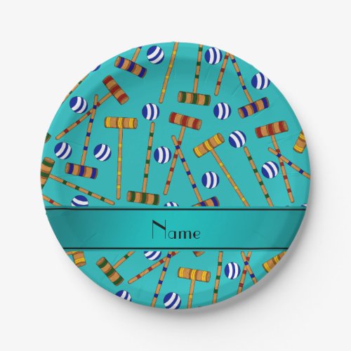Personalized name turquoise croquet pattern paper plates