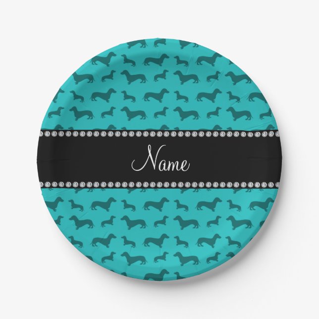 Personalized name turquoise dachshunds paper plates (Front)