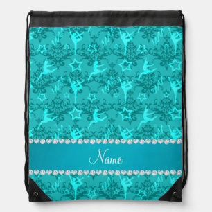 Personalized name turquoise damask gymnastics drawstring bag