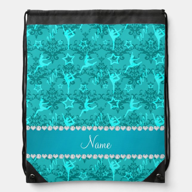 Personalized name turquoise damask gymnastics drawstring bag (Front)