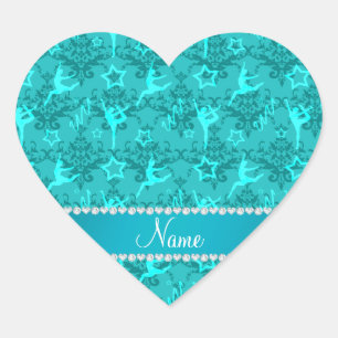 Personalized name turquoise damask gymnastics heart sticker