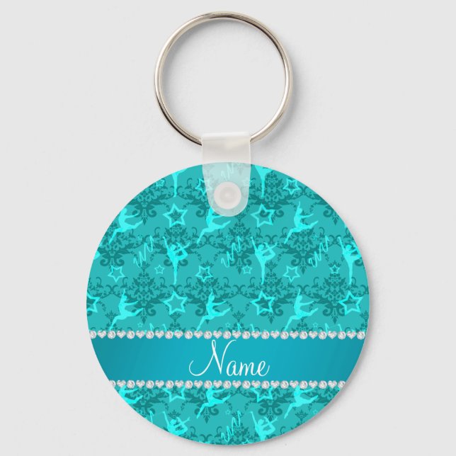 Personalized name turquoise damask gymnastics keychain (Front)