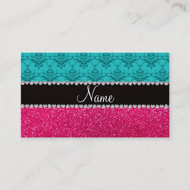 Personalized name turquoise damask pink glitter calling card (Front)