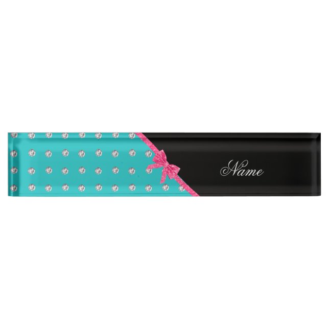 Personalized name turquoise diamonds pink bow nameplate (Front)