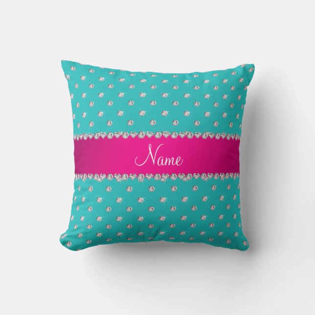 Personalized name turquoise diamonds pink stripe throw pillow (Front)