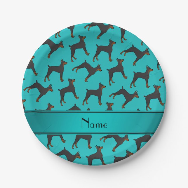 Personalized name turquoise doberman pinschers paper plates (Front)