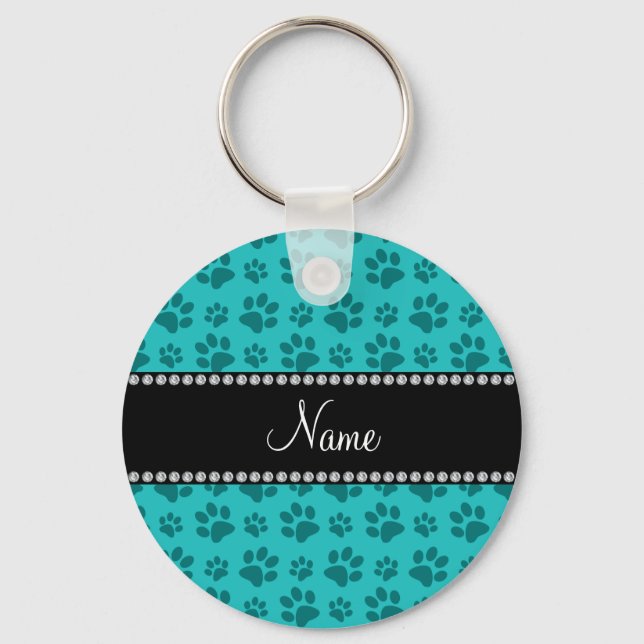 Personalized name turquoise dog paw prints keychain (Front)