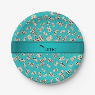Personalized name turquoise dominos paper plates