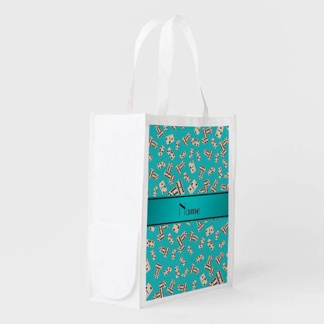 Personalized name turquoise dominos reusable grocery bag (Front Side)