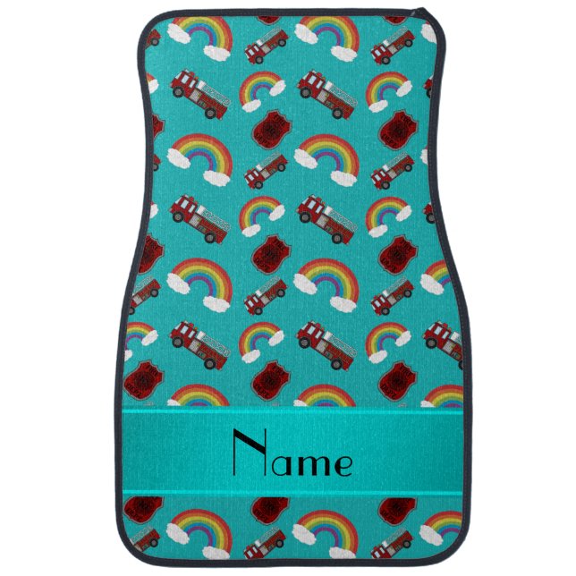 Personalized name turquoise fire trucks rainbows car mat (Front)