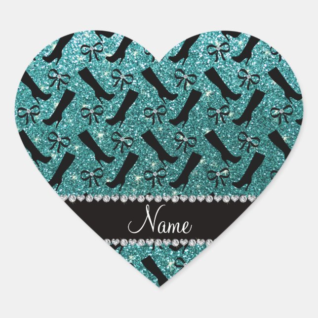 Personalized name turquoise glitter boots bows heart sticker (Front)