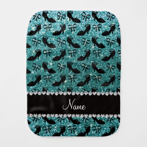 Personalized name turquoise glitter fancy shoe bow burp cloth